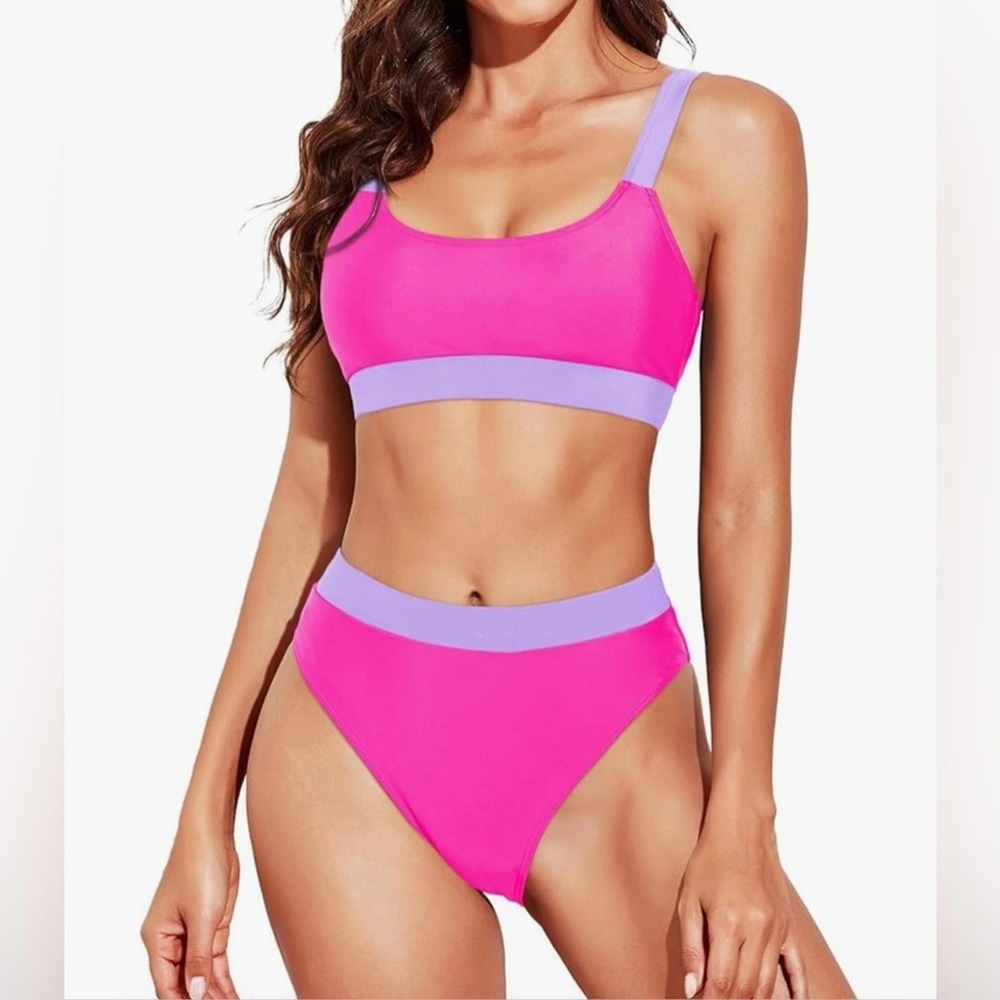 NEW Tempt Me Size M Vibrant Pink 2 Piece Bikini With Lavender Straps & Waistband